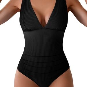 Eomenie Black Ribbed One-Piece Swimsuit NWT Size M